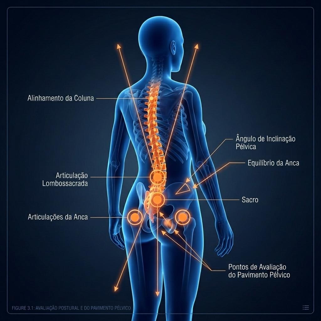 Avaliação postural integrada com alinhamento da coluna, ângulo da pélvis e articulações da anca