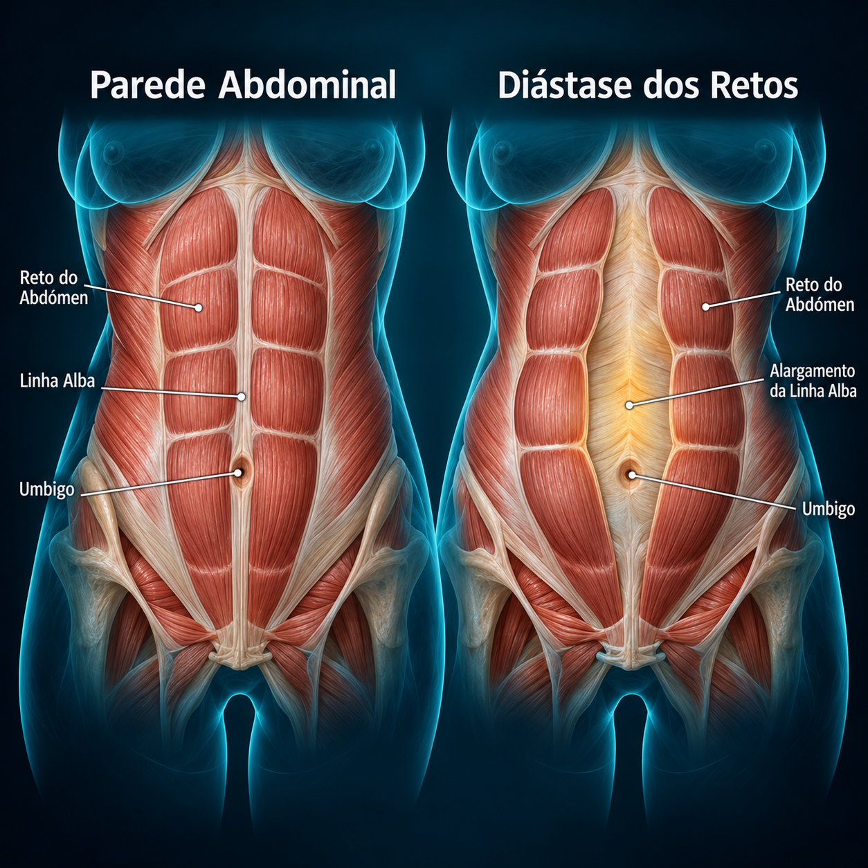 Comparação ilustrativa dos músculos retos do abdómen sem diástase e com diástase