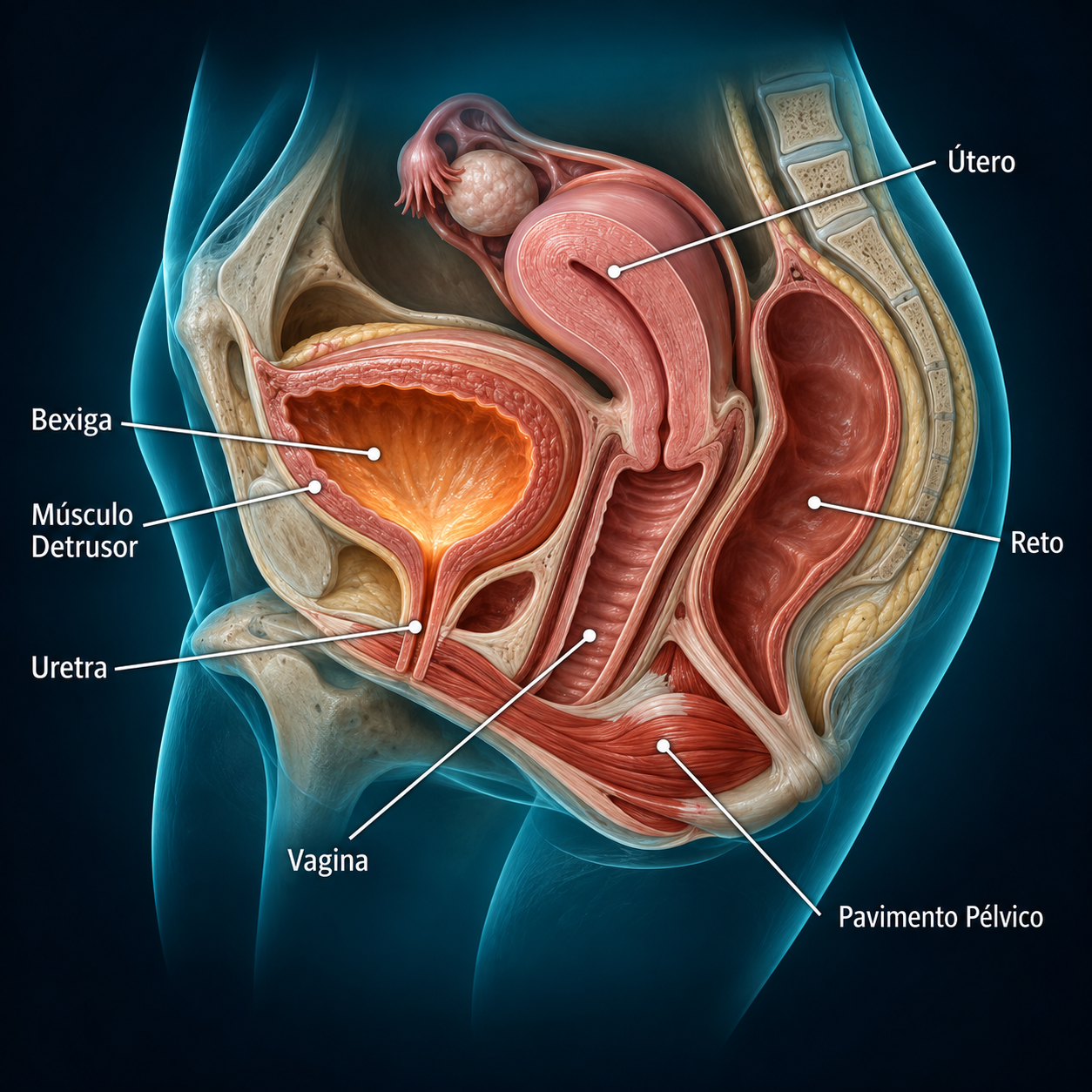 Anatomia pélvica feminina com identificação da bexiga, uretra e pavimento pélvico