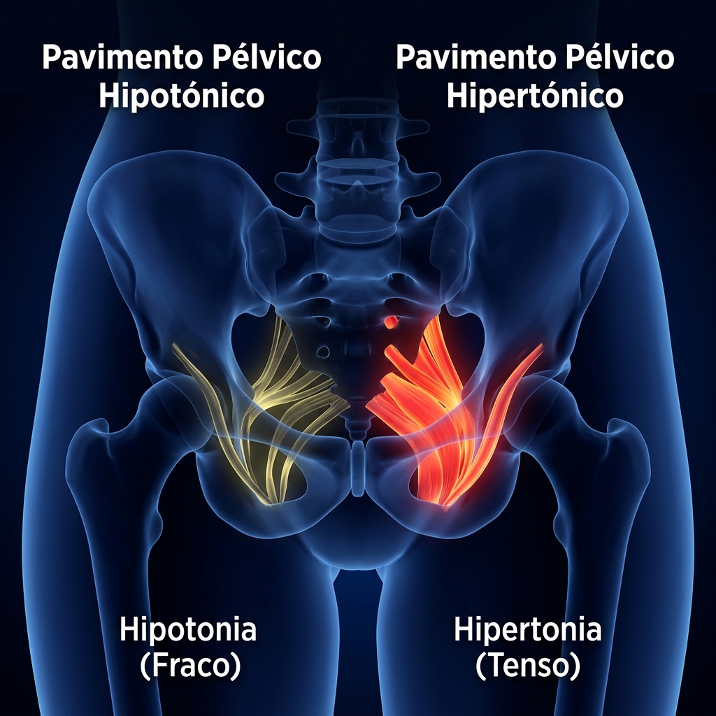 Comparação anatómica entre pavimento pélvico hipotónico (fraco) e hipertónico (tenso)