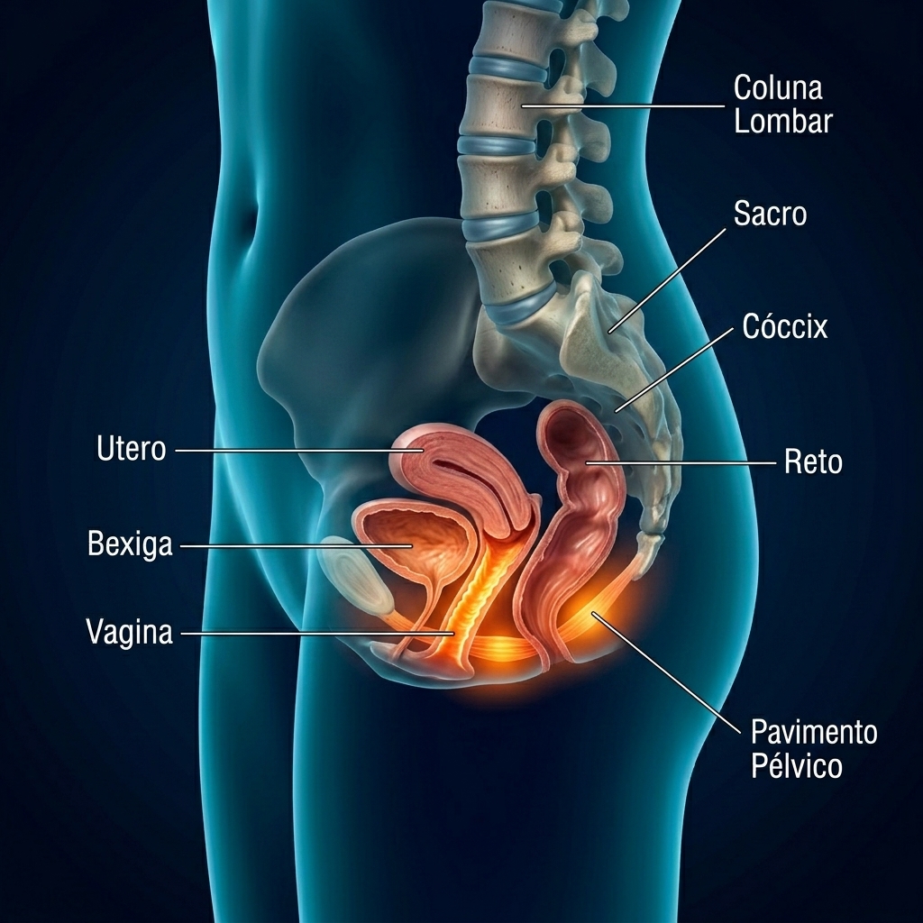 Secção sagital da anatomia pélvica feminina na menopausa detalhando atrofia vaginal e pavimento pélvico