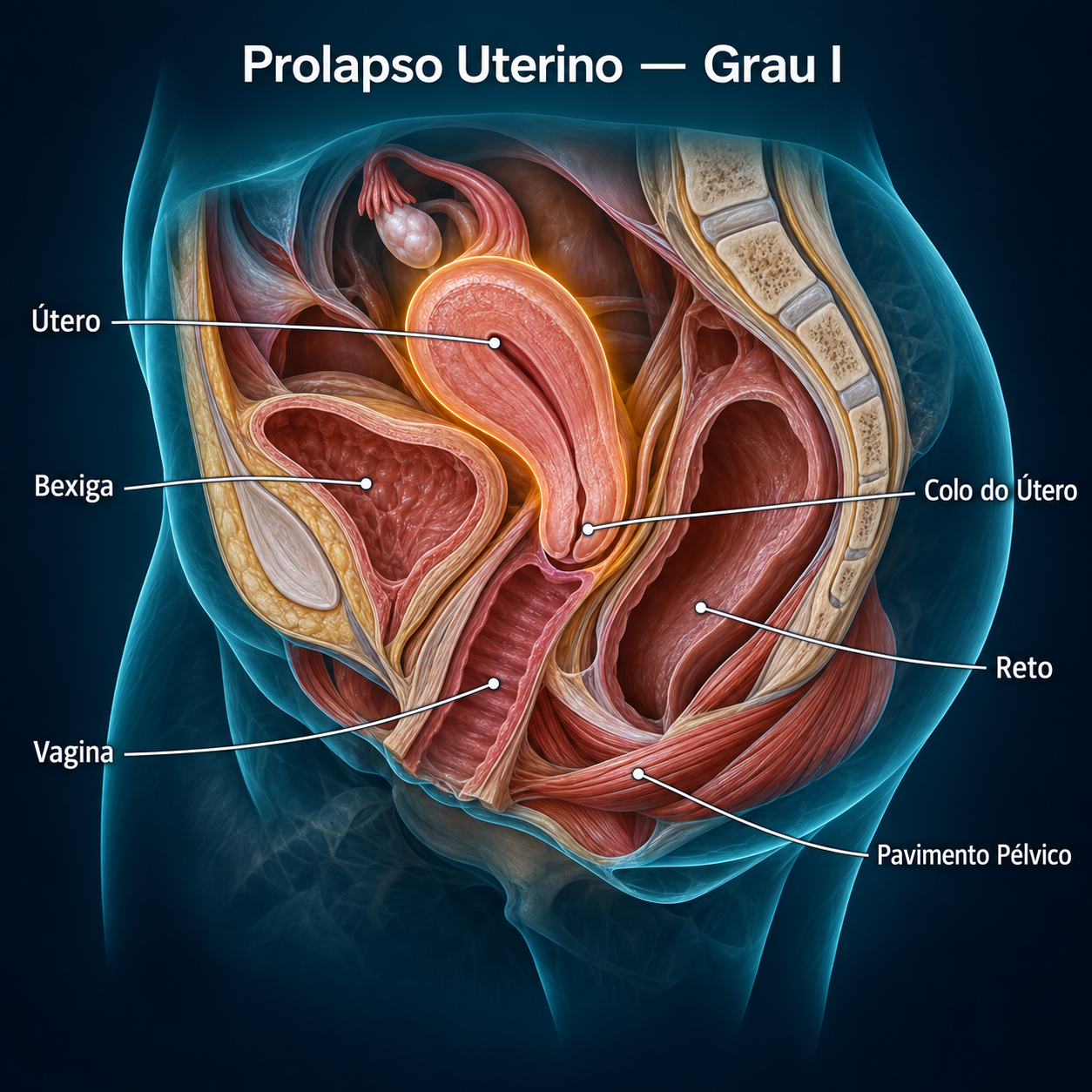 Prolapso uterino grau I em corte sagital da pélvis feminina